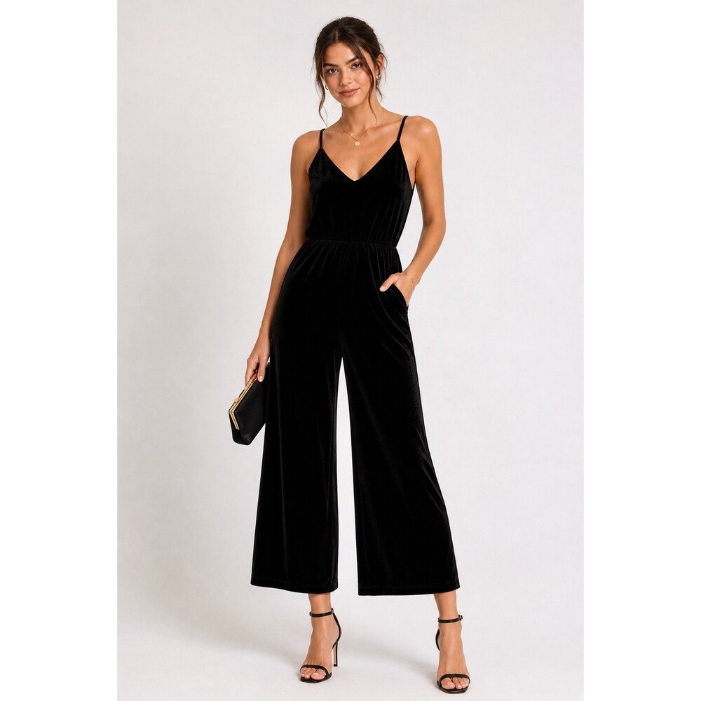 Wild Fable Black Velvet Jumpsuit Womens Small Wide Leg Spaghetti Strap Goth Chic